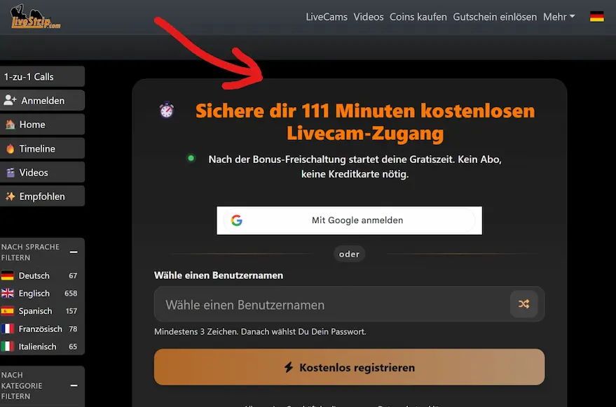 Livestrip Guthaben nach Anmeldung